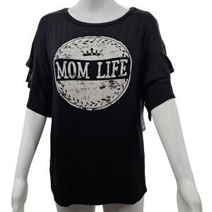 Timing Mom Life Graphic Tee Ruffle Short Sleeve Top Black Women's Medium